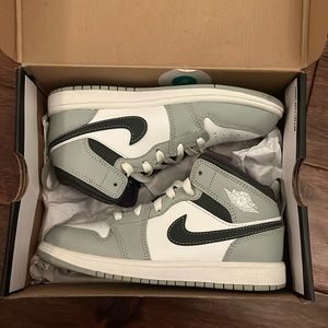 Air Jordan 1 Mid Grey, Black and White Shoes with White laces Size 2Y